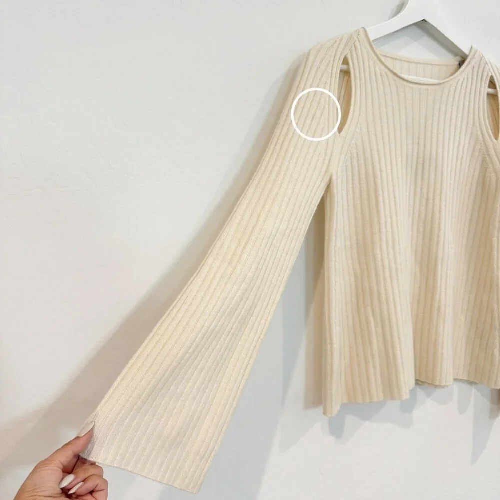 Vince 100% Cashmere Shoulder Slit Ribbed Knit Flare Sleeve Sweater Boho Cream XS